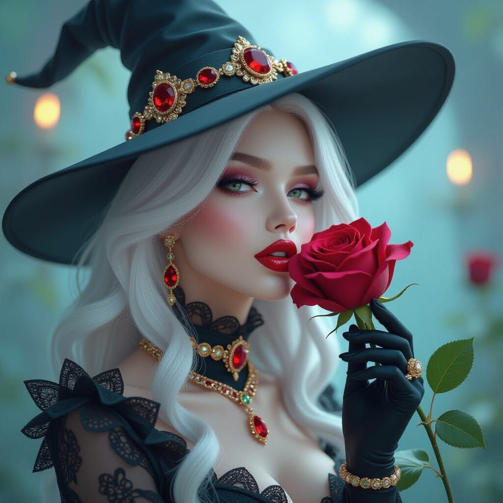 Albino Beauty with Ruby Rose in Ornate Witch Hat