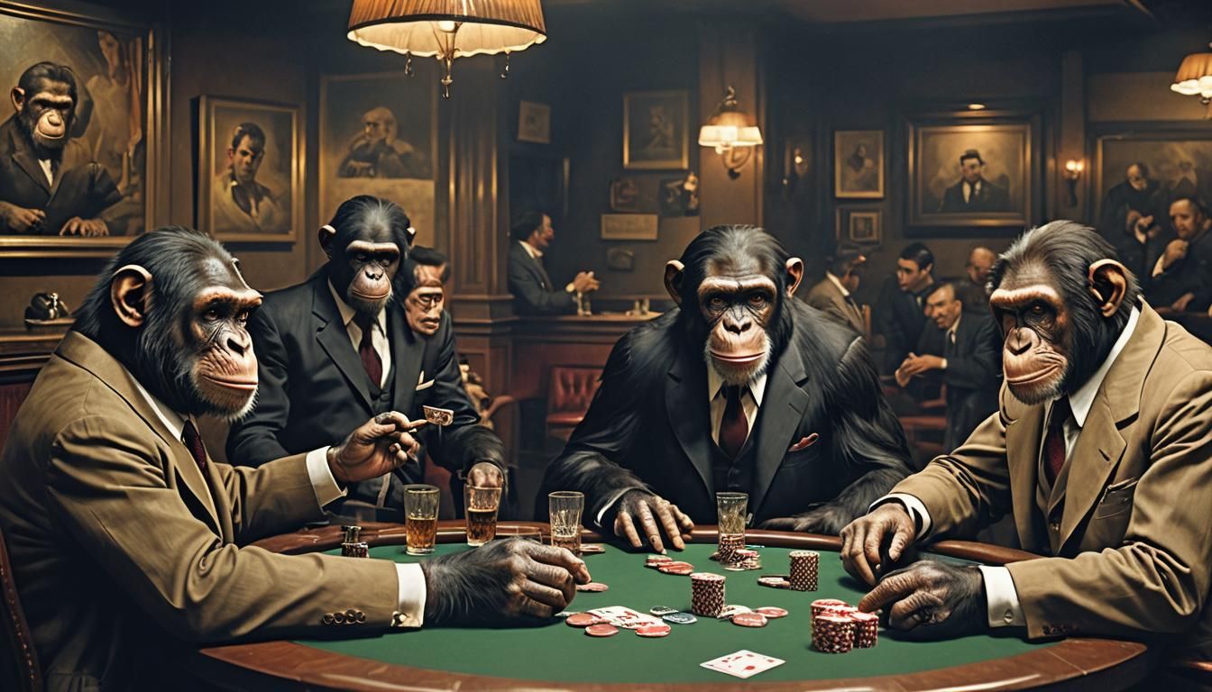 Chimpanzee Mobsters Play Poker in a Dark Bar