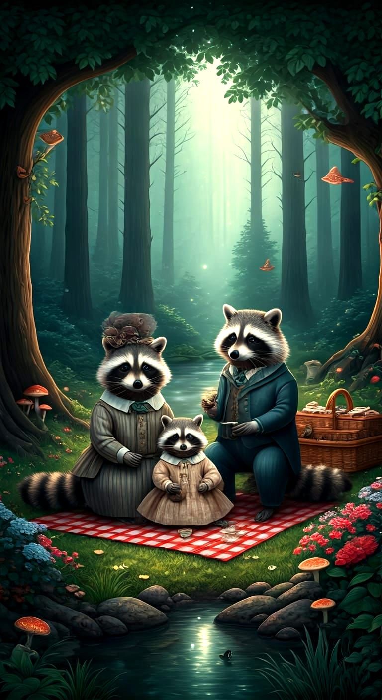 A family of raccoons, dressed in Victorian attire, are having a picnic. 🦝🌼