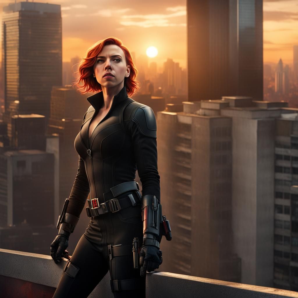 Black Widow on Rooftop at Sunset: Hyperrealistic Portrait