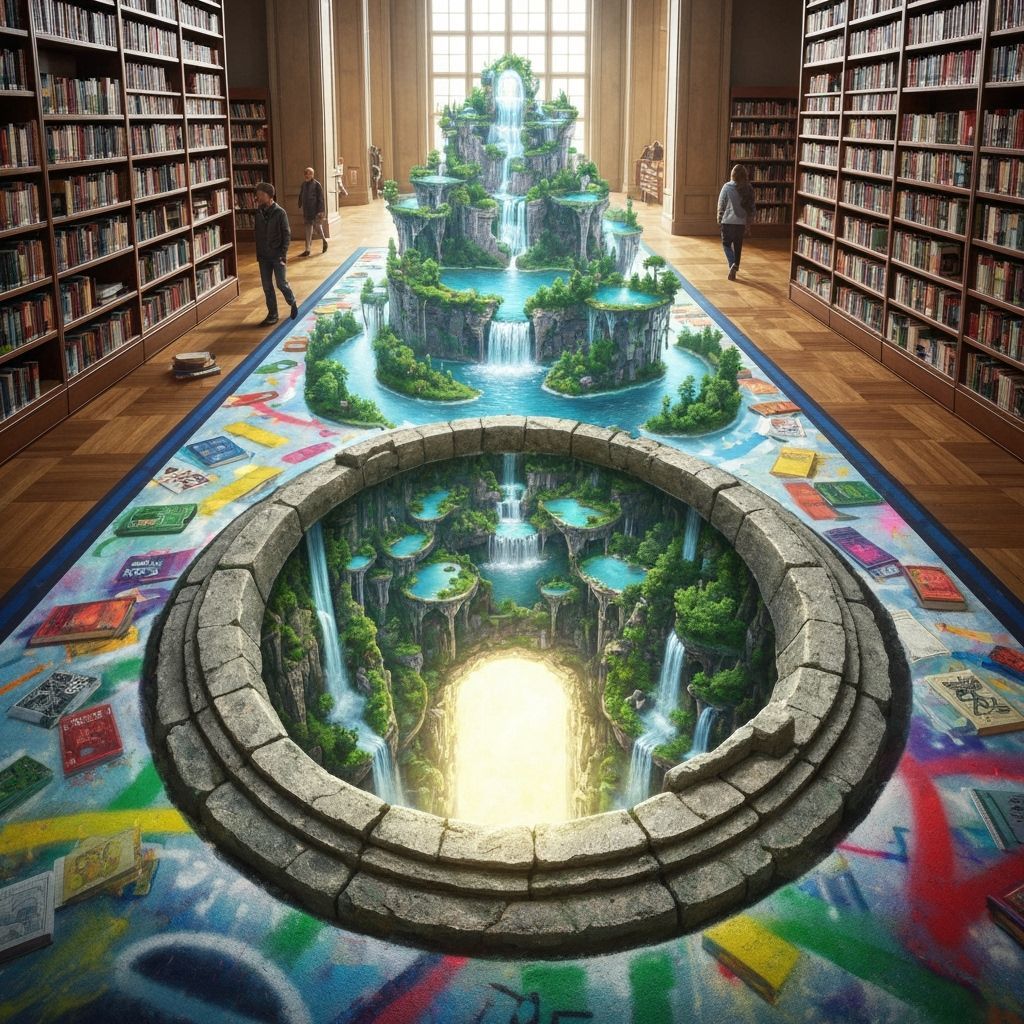 Optical Illusion Street Art: Library Portal to Wonderland