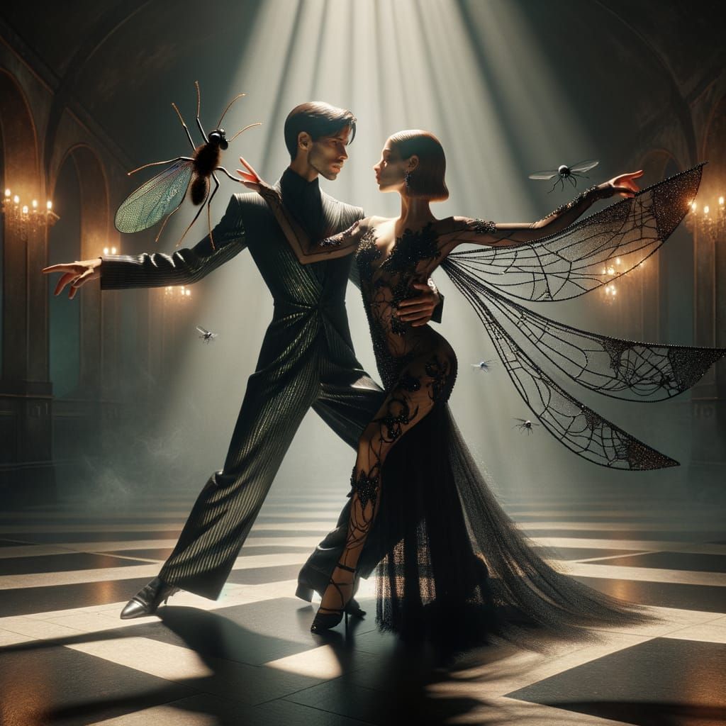 Two tango dancers mid-step in a shadow-drenched ballroom, pe...