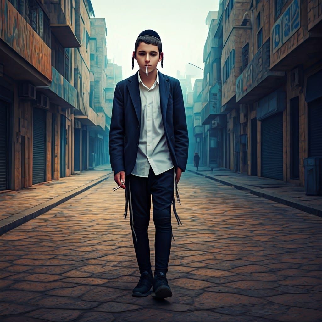Haredi Youth Strolling Through Bnei Brak in a Fantastical Ur...