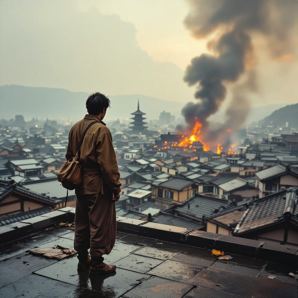 Kyoto Rooftop Traveler in Documentary Photography Style