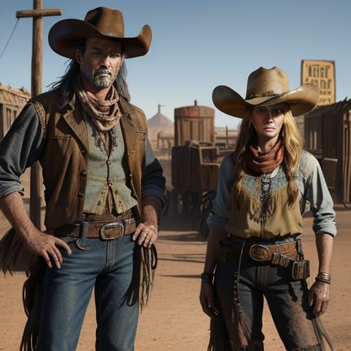 Cowboy and Cowgirl in Dusty Western Town