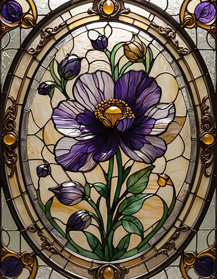 Stained Glass Persian Buttercup in Art Nouveau Style