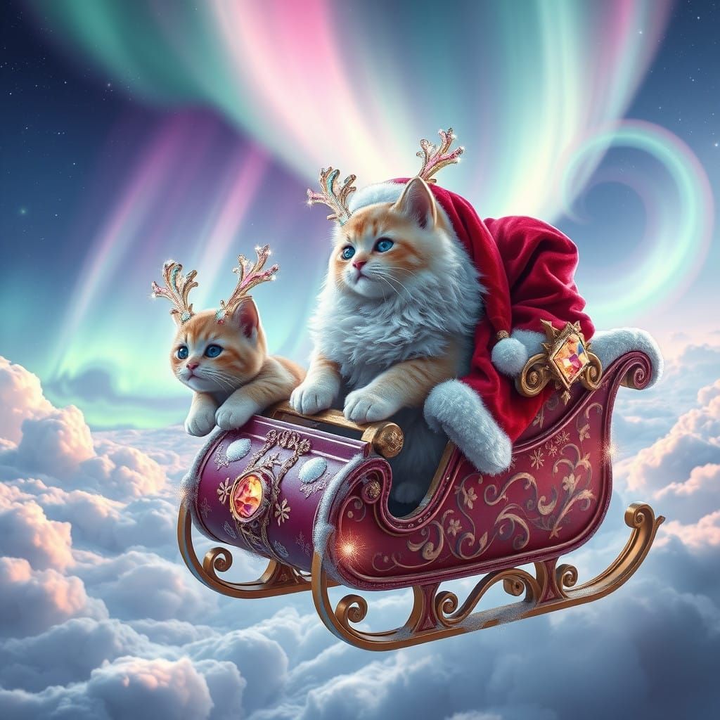 Majestic Fluffy Santa Kitty Sleigh Ride with Kitties in Irid...