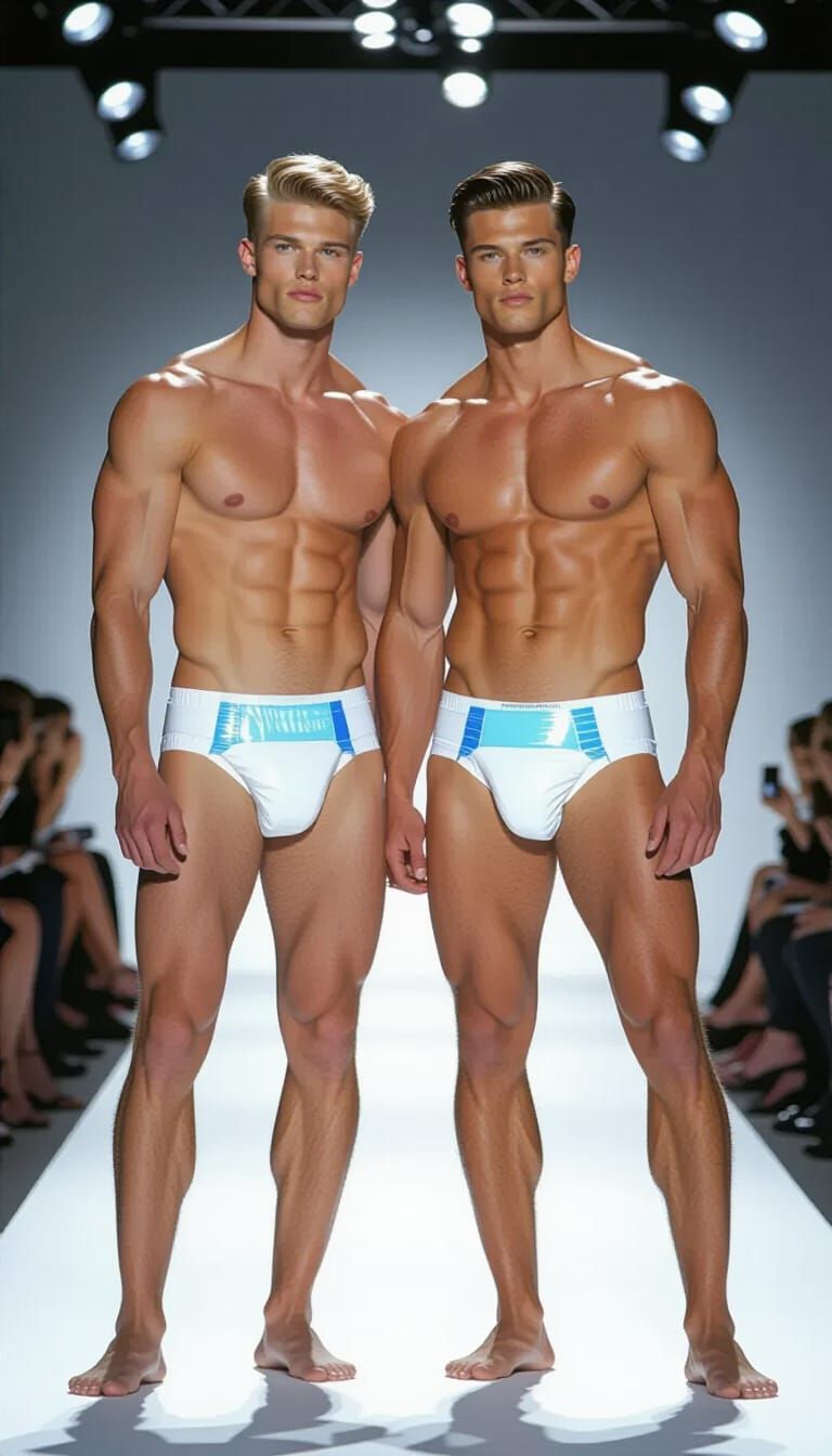 Confident Men Posing in Diapers, Photorealistic Style