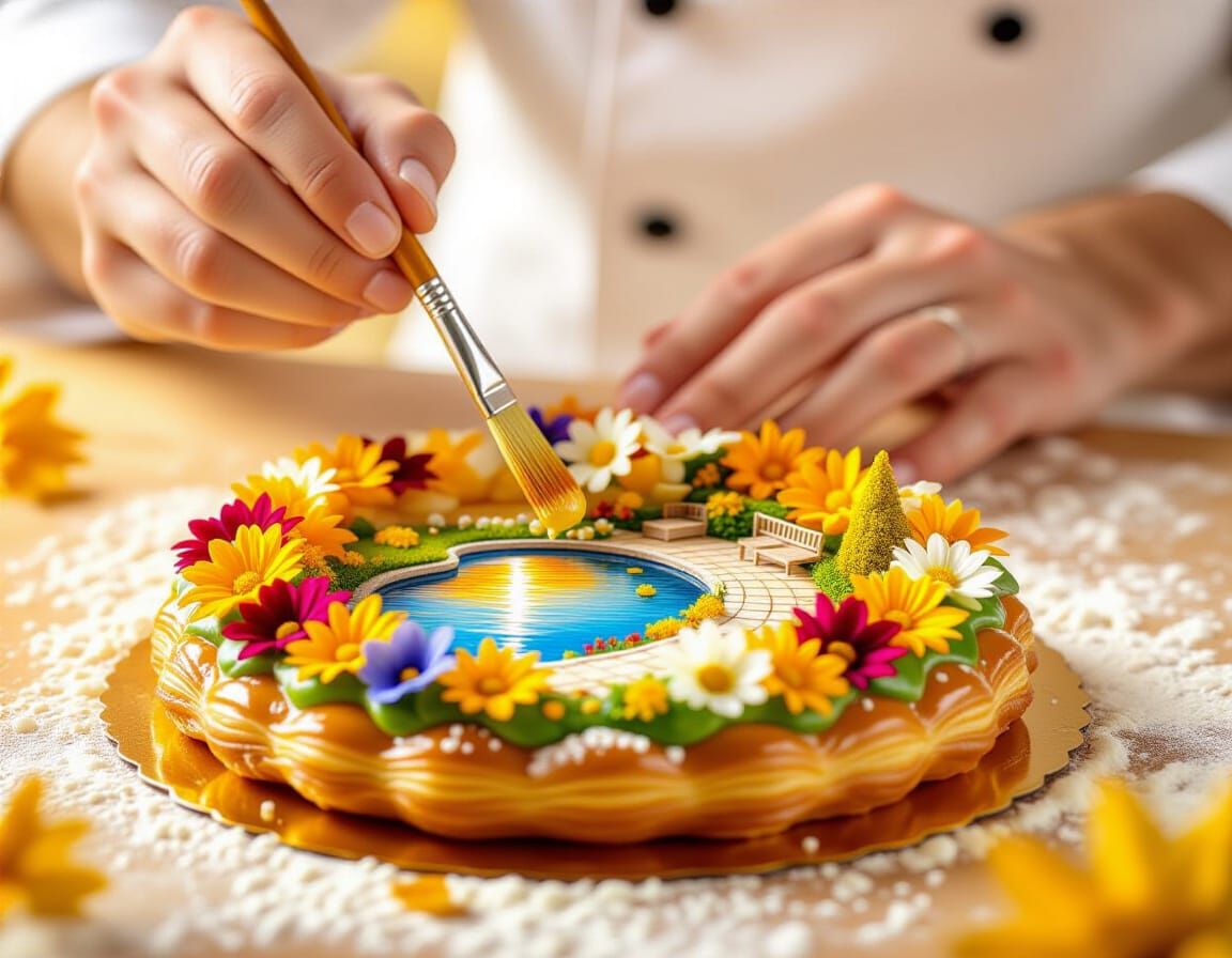 Exquisite Pastry Decorated with Edible Flowers and Autumn Ga...