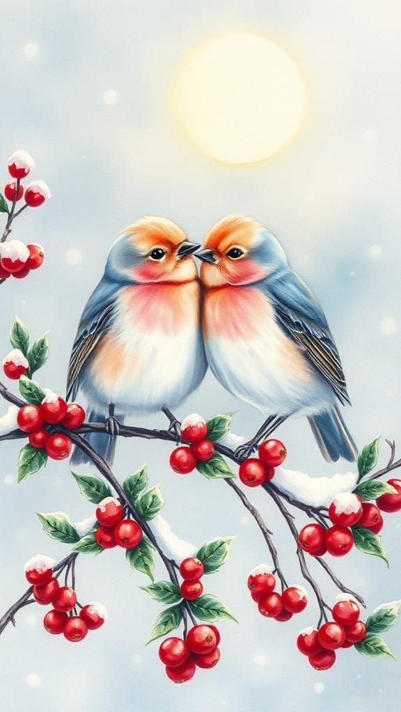 Whimsical Watercolor Winter Scene of Lovebirds with Holly Be...