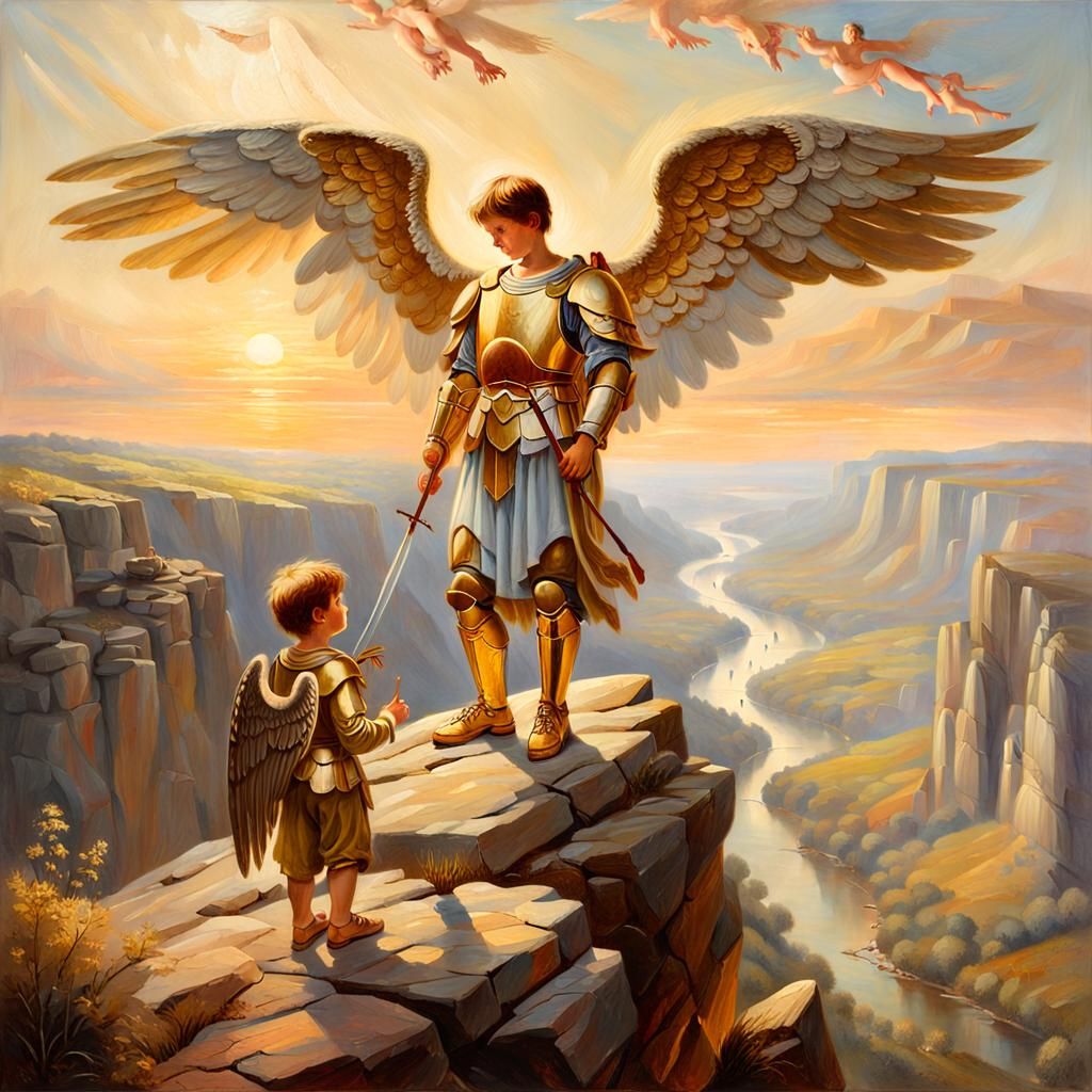 Guardian Angel Watching Over Child: Oil Painting