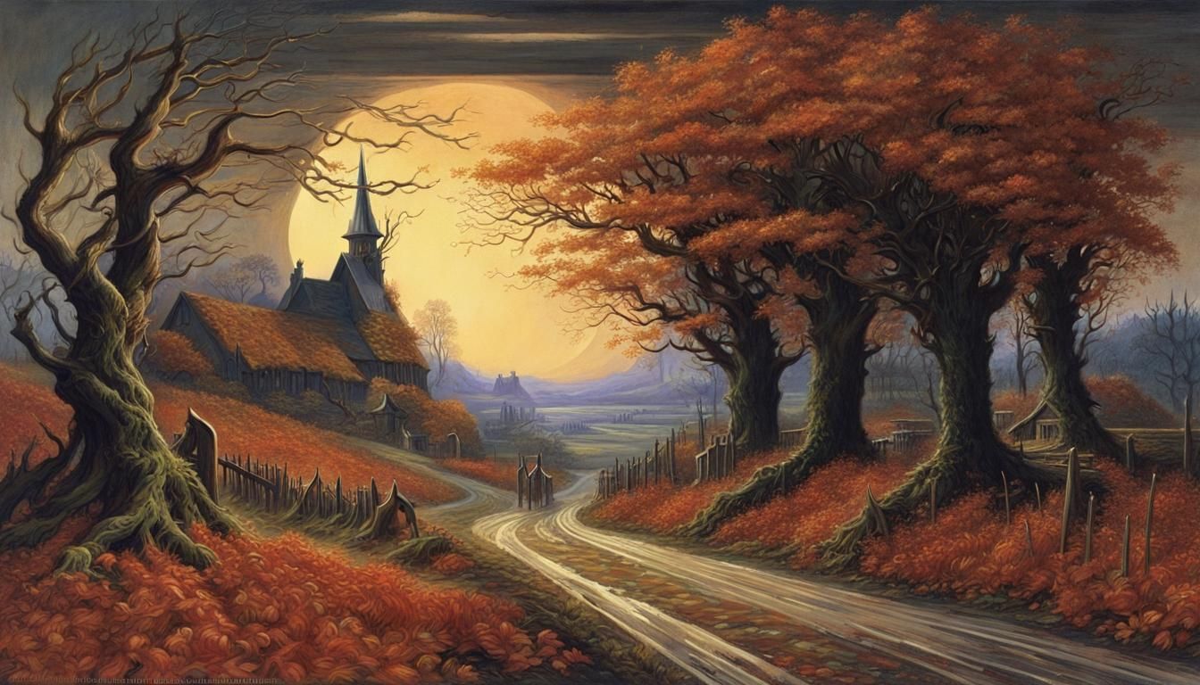 Eerie Autumn Landscape Painting in Gothic Style