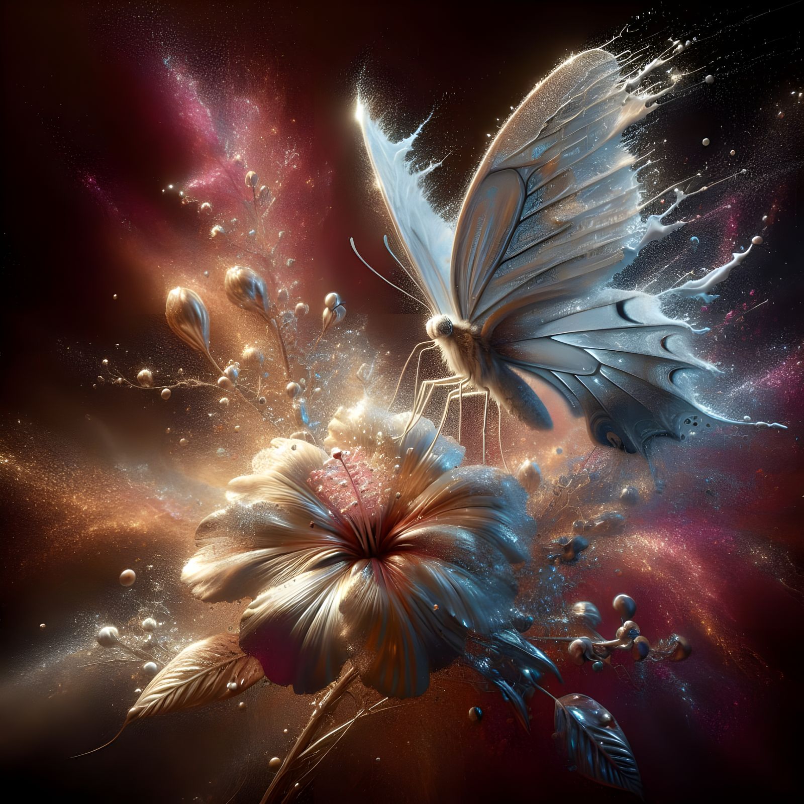 Metallic Ink Butterfly on Flower, Splash Art Style