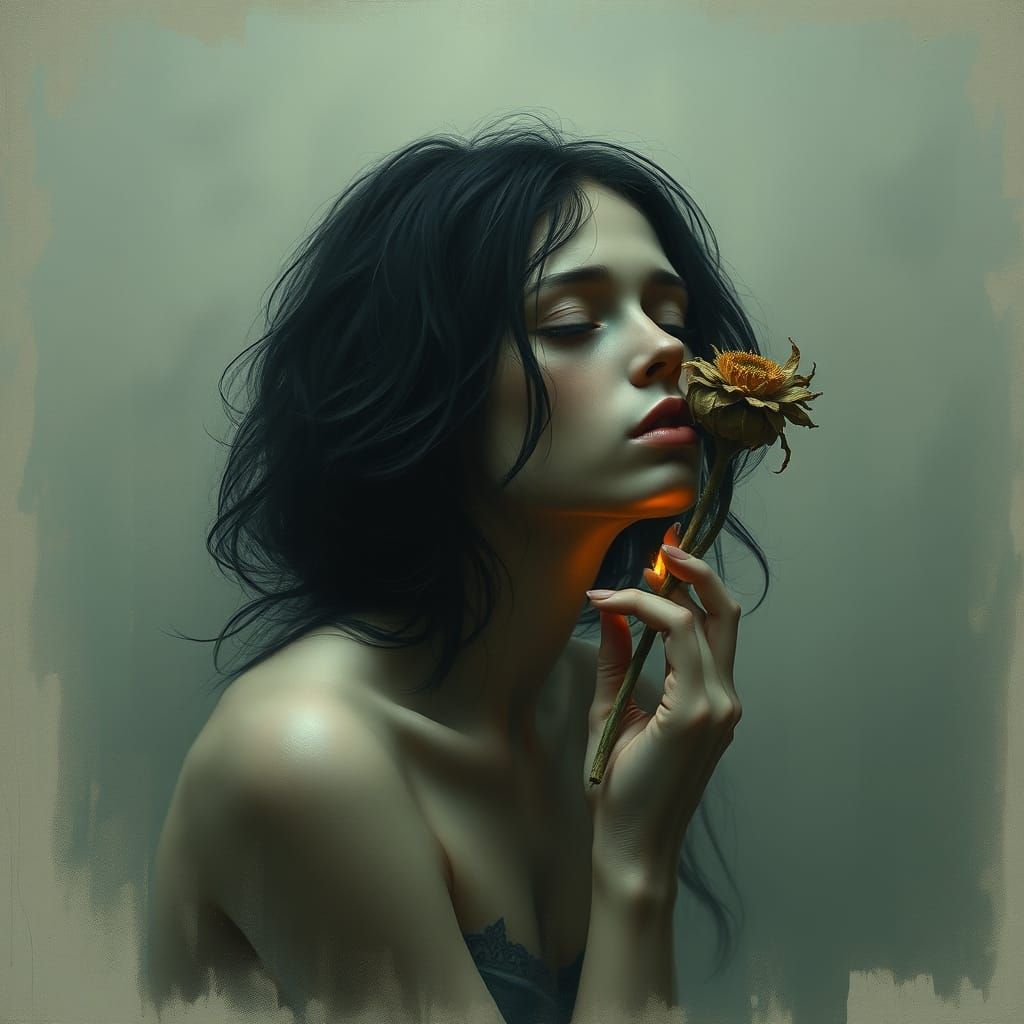 Melancholic Woman in Twilight with Candlelight