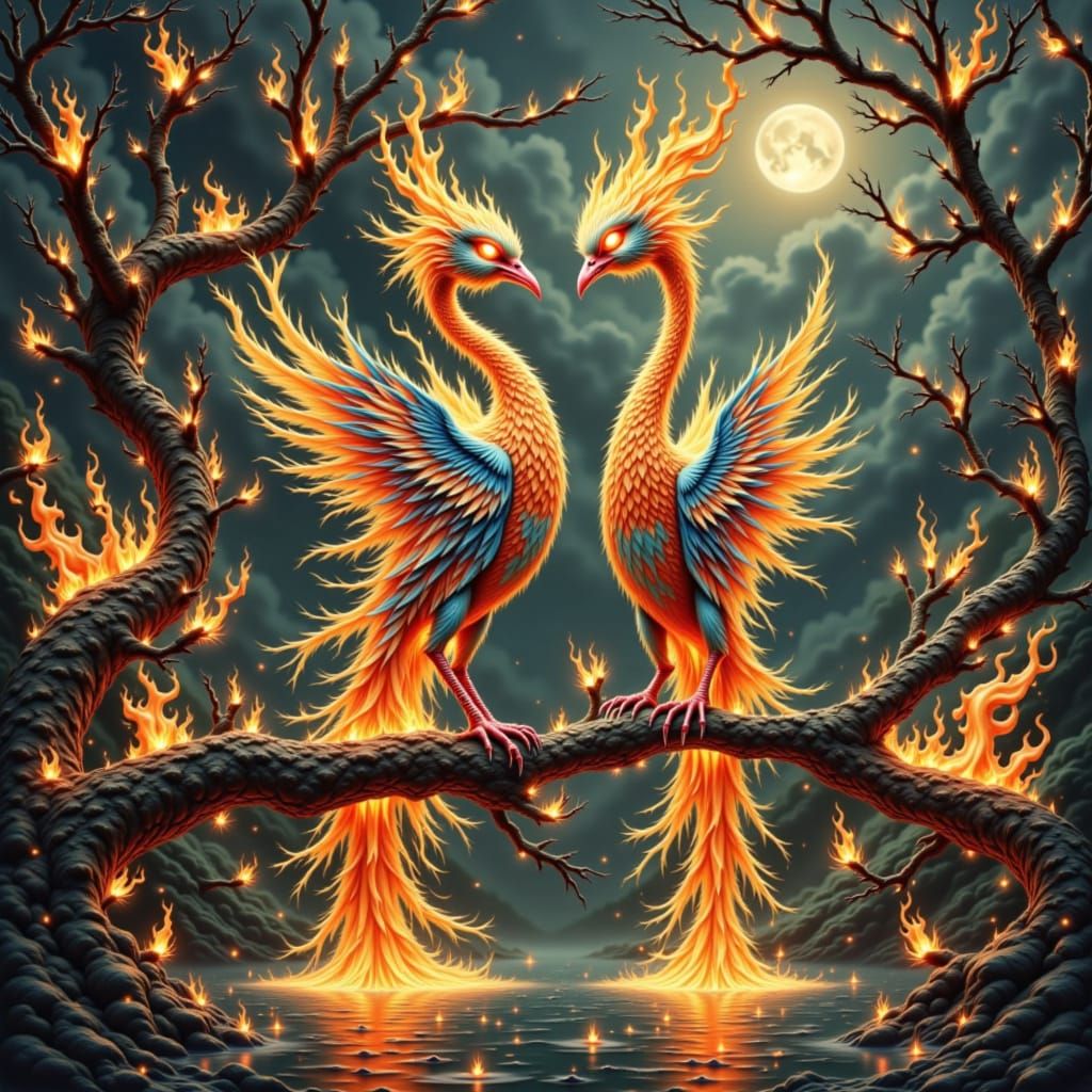 Fiery Lovebirds Perched on a Branch in Twilight