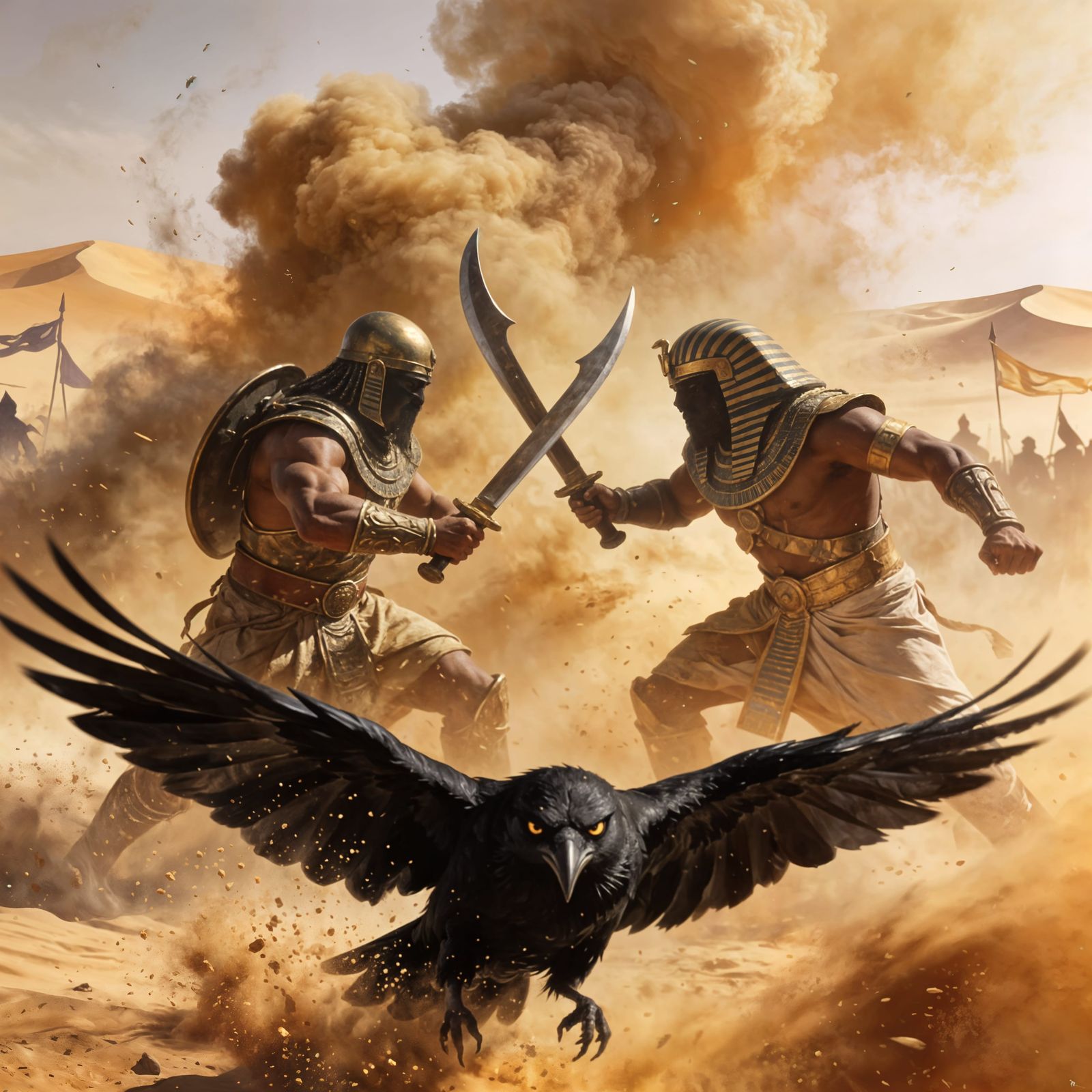 Egyptian Warriors Battle in Desert Storm with Raven