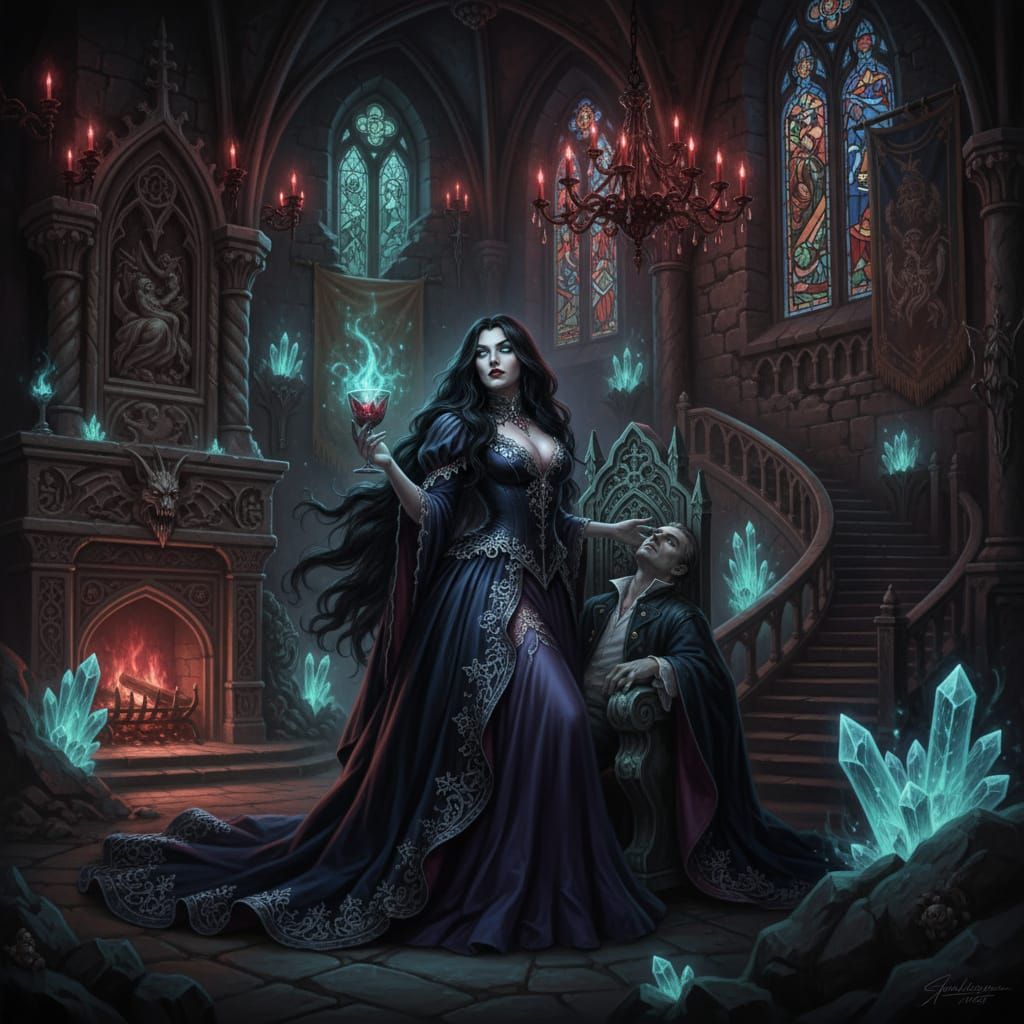 Seductive Vampire in Dark Castle, Matte Painting Style