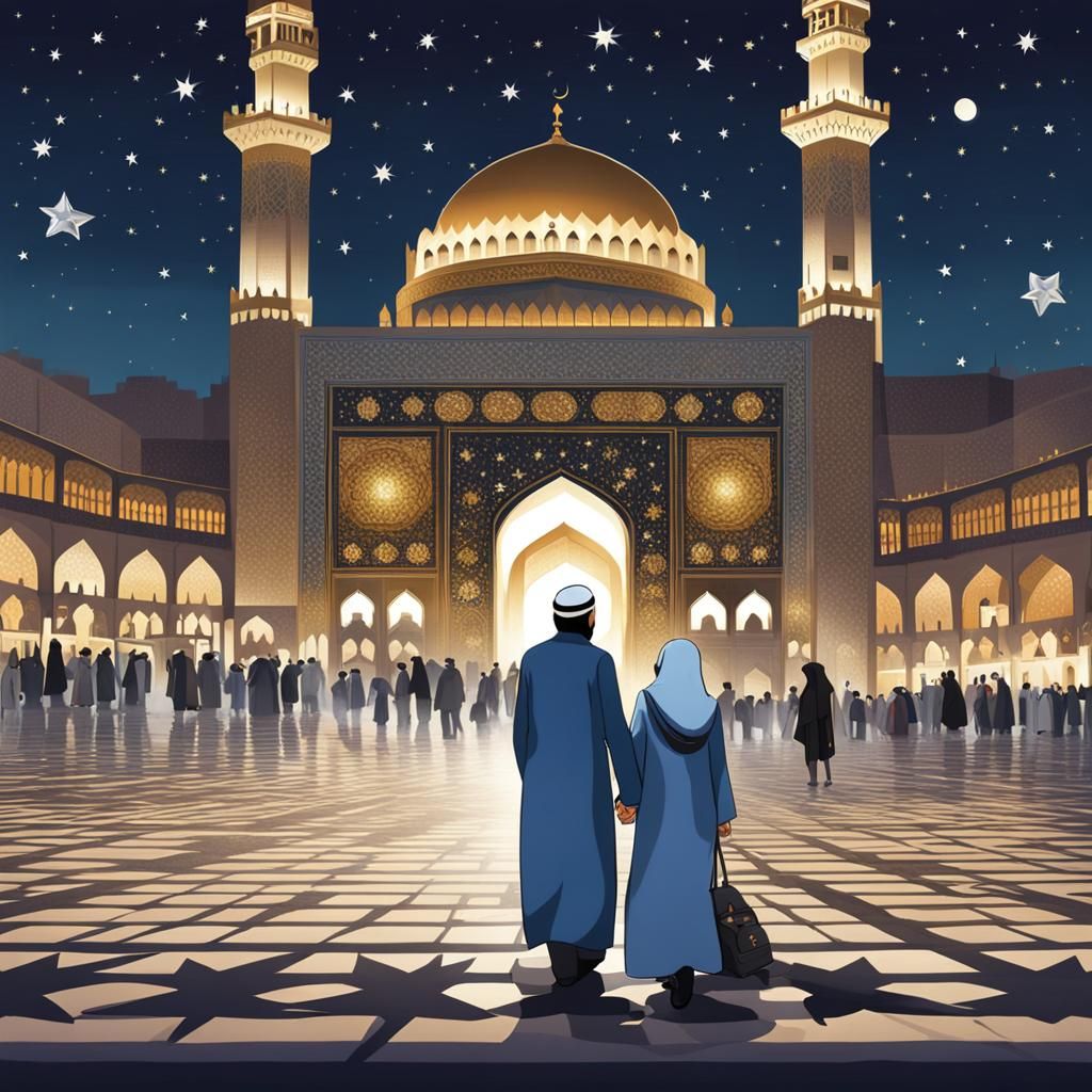 Muslim Couple Stargazing in Mecca at Night