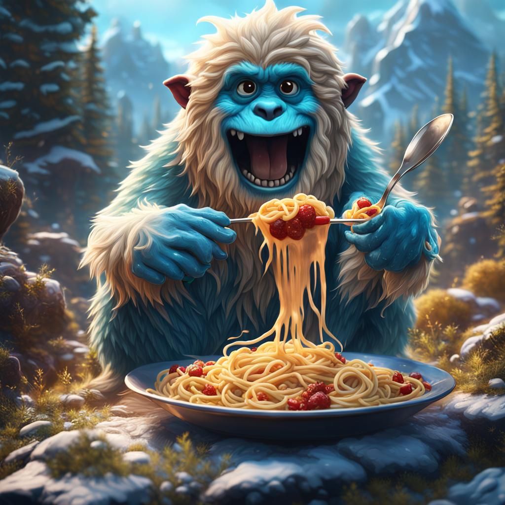 Cute Yeti Eating Spaghetti: Detailed Fantasy Art