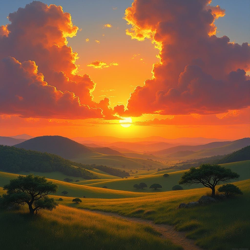 African Sunset Over Rolling Green Savannah Hills
