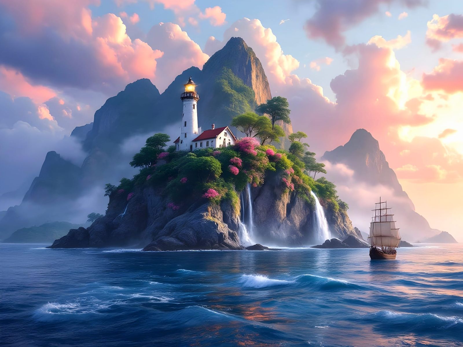 Epic Island Paradise with Towering Peaks and Serene Lighthou...