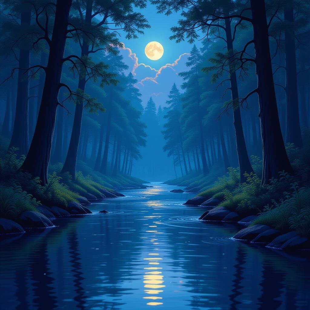 Mystical River in Ancient Forest at Twilight