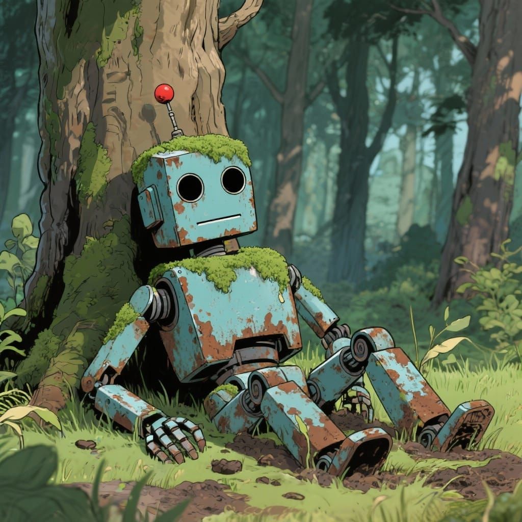Abandoned Robot in Forest, Tintin Comic Style