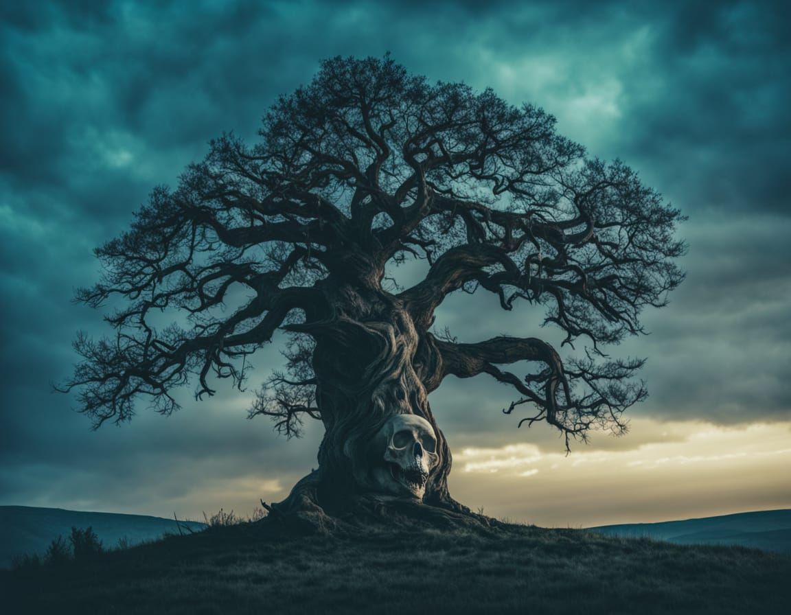 Eerie Skull Tree Against Cosmic Sky