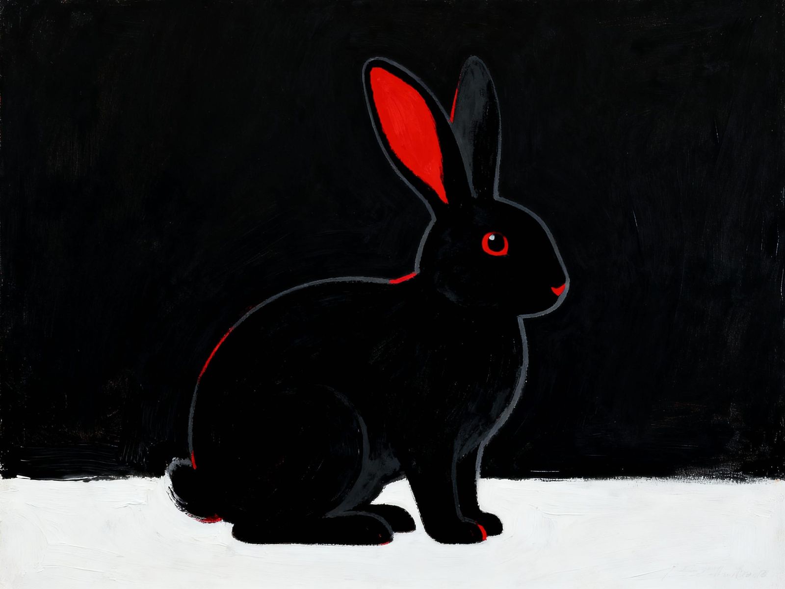 Minimalist Rabbit in Black and Red Oil Painting Style