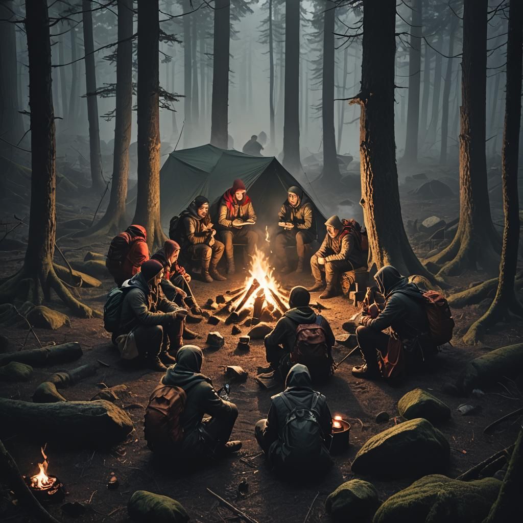 Eerie Forest Campfire: Adventurers in High Fantasy Style