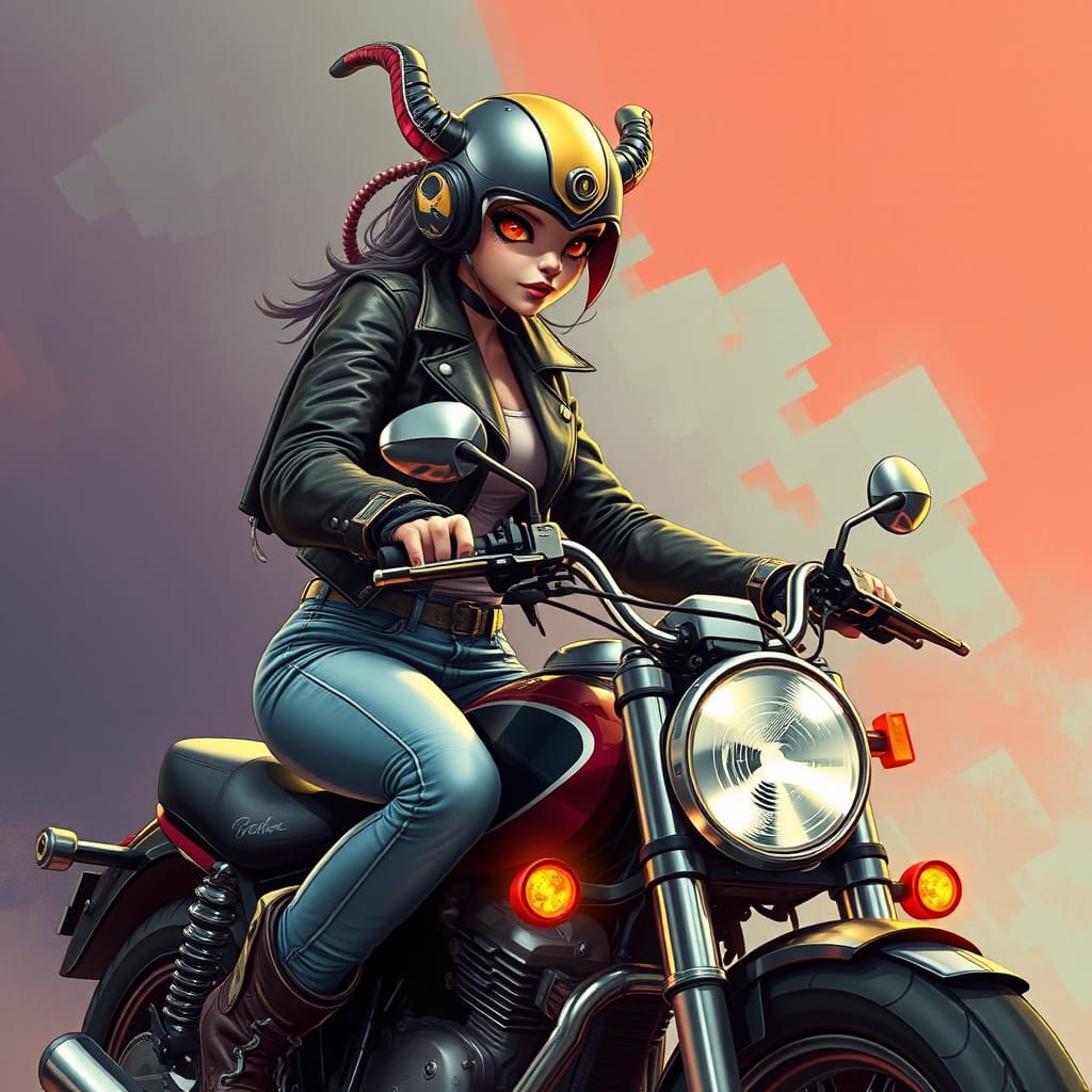 Surreal Female Biker in Futuristic Leather Jacket