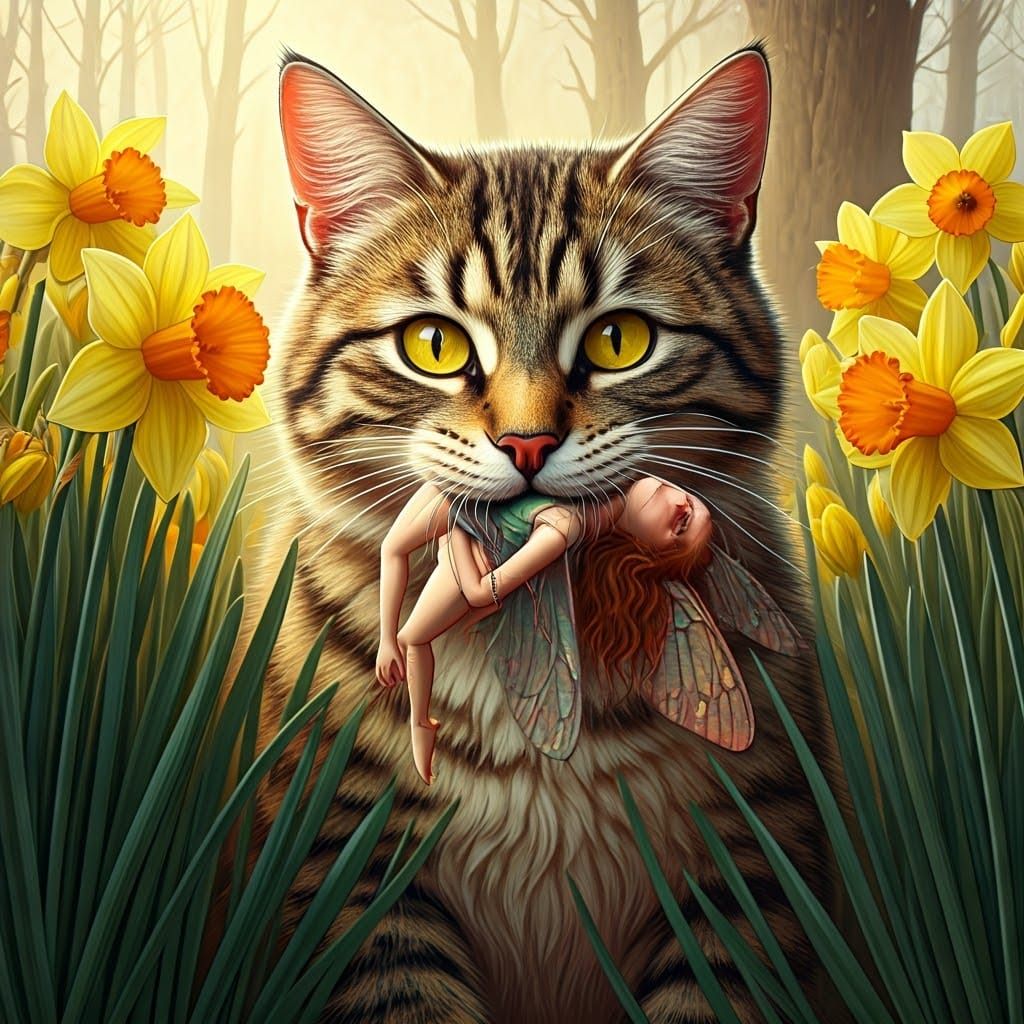 Fierce Feline Hunts Fairy Amidst Vibrant Daffodils
