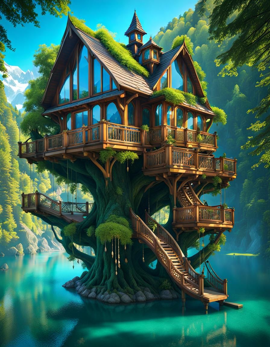 Enormous Fairy Treehouse by Lake: Digital Photograph