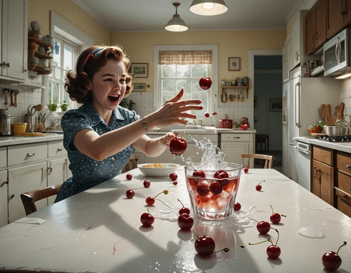 Anthropomorphic Cherry Hugs Ice Cube: Hyperrealistic Splash ...