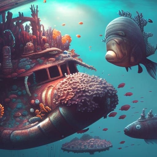 Underwater Submarine Shipwreck in Machinarium Style