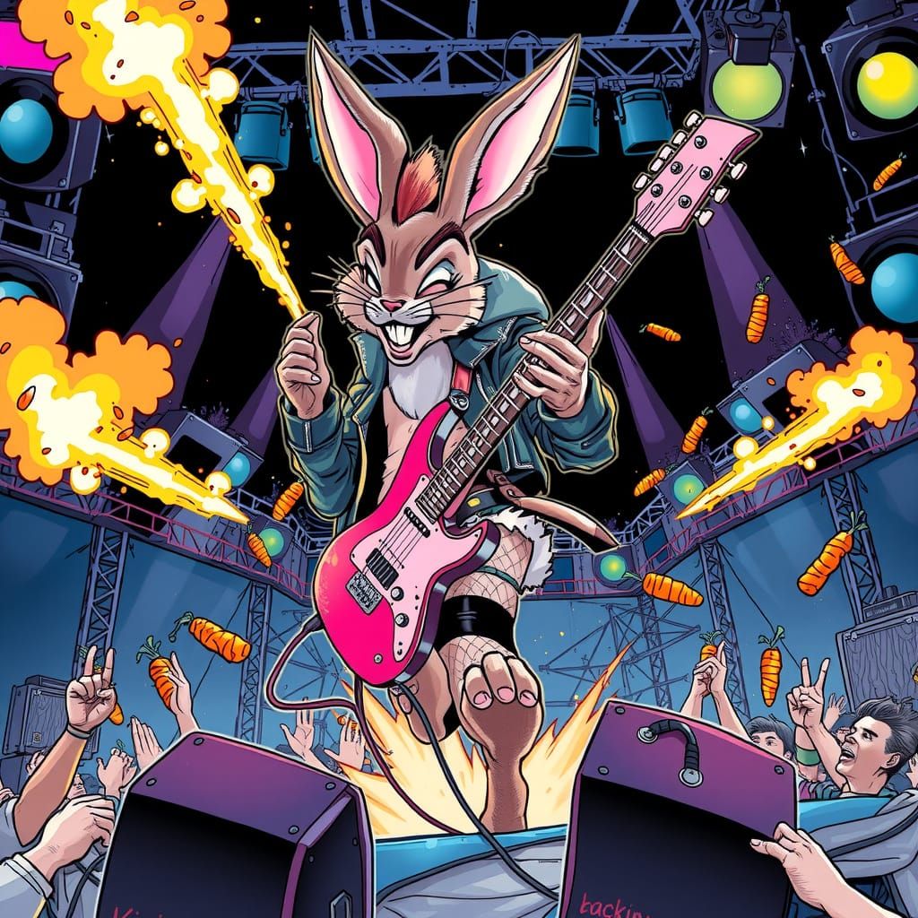 Punk Rock Bunny Stage Dive in Comic Book Art