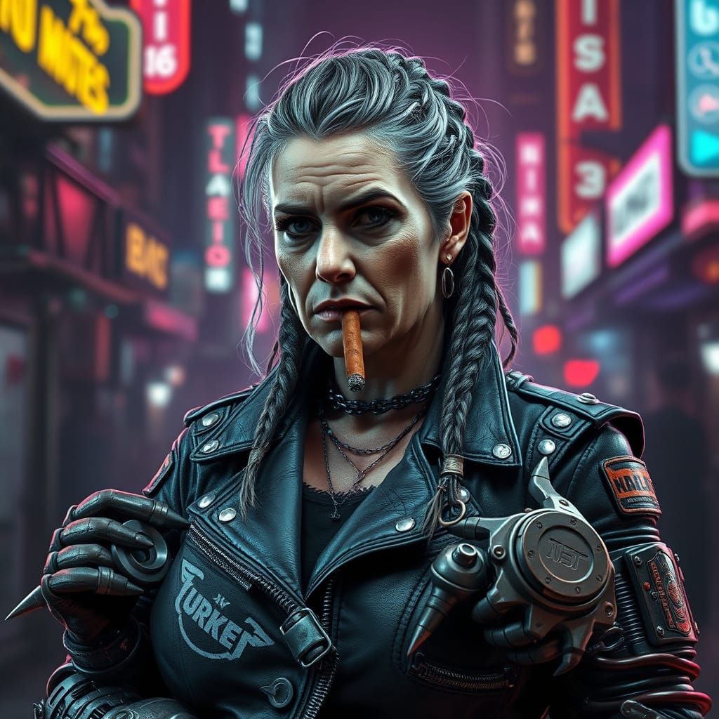 Cyberpunk Biker Queen in Neon-Lit Dystopia
