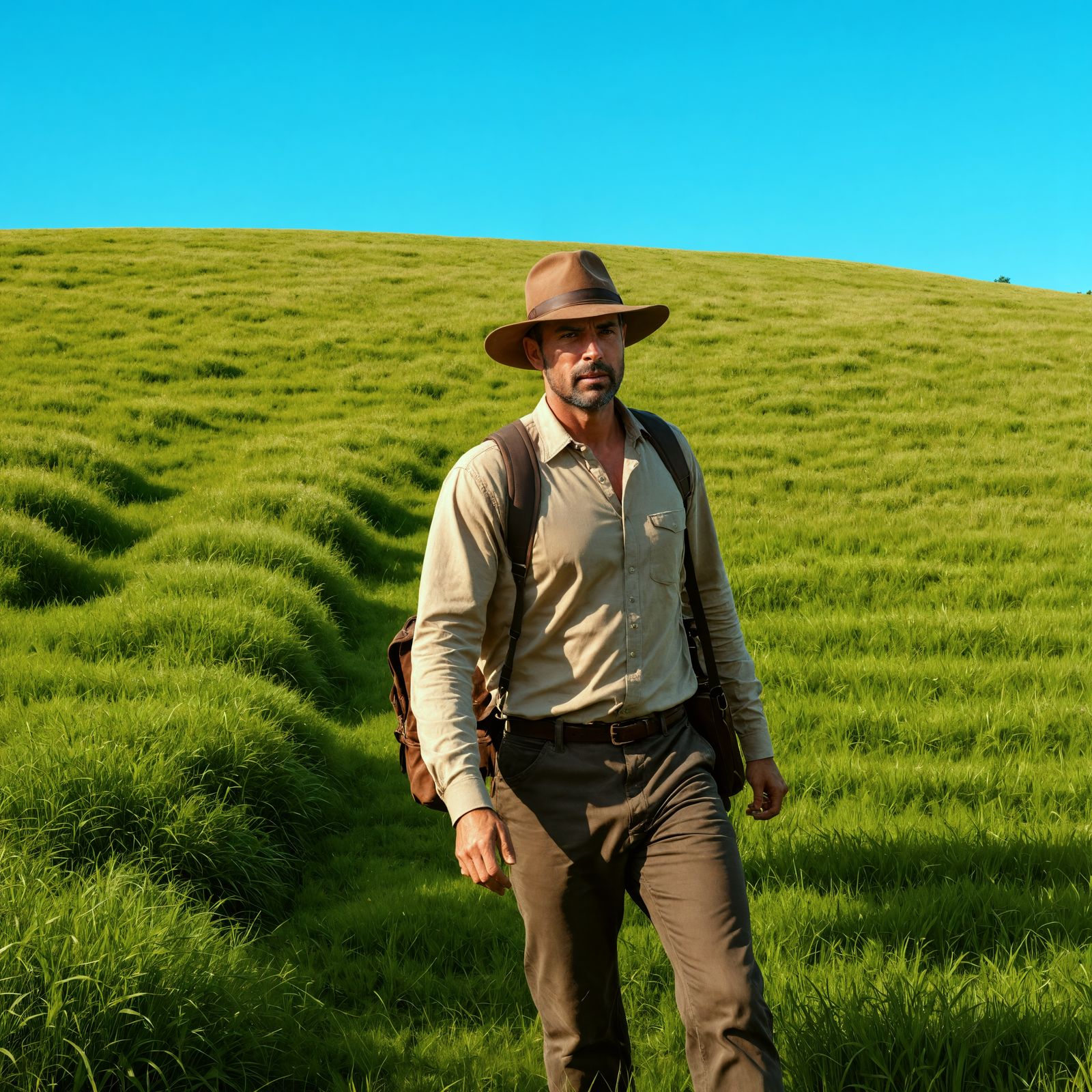 A Man Strolling Through a Lush Green Meadow in Hyperrealisti...