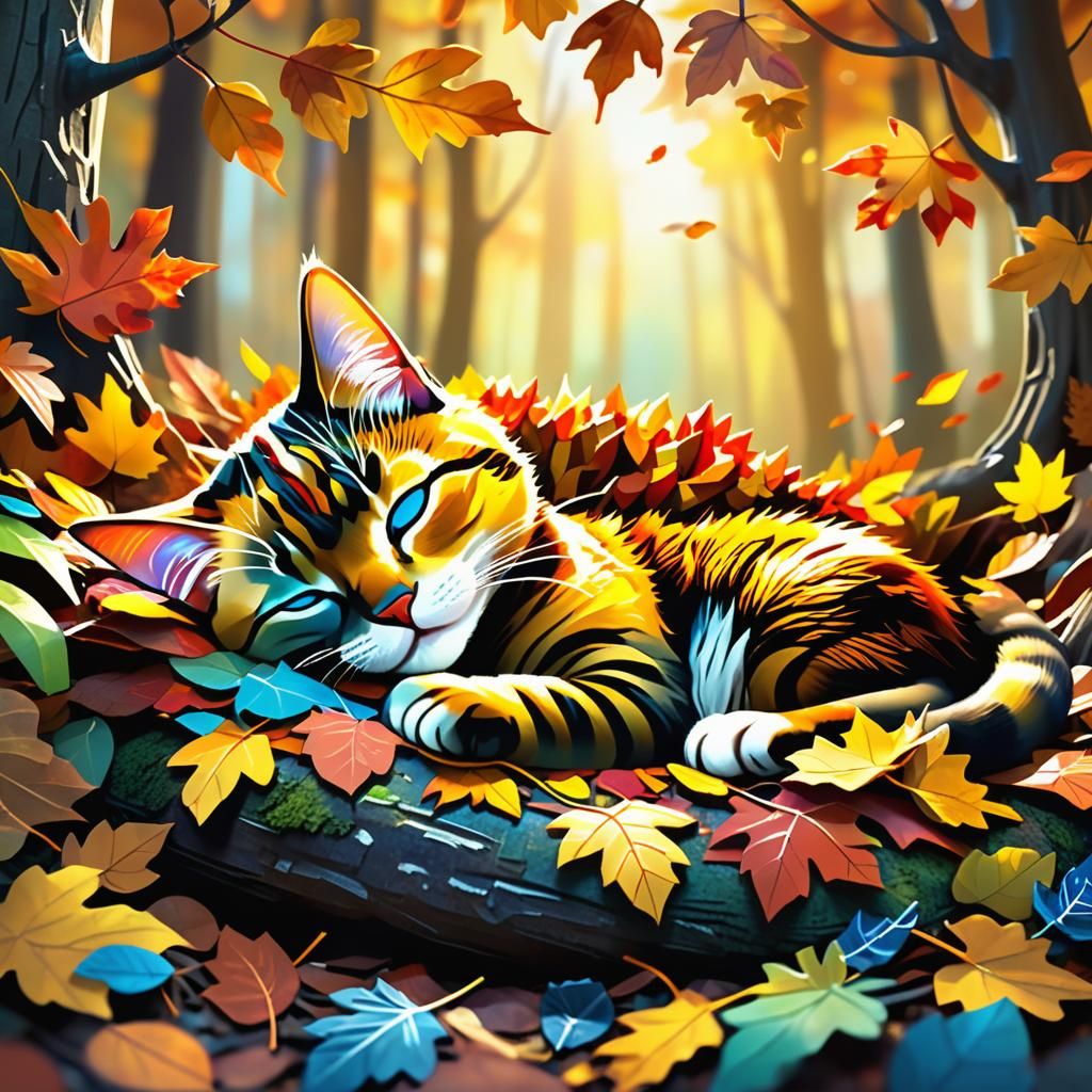 Autumn Leaf Cat in Hyper-Realistic Style