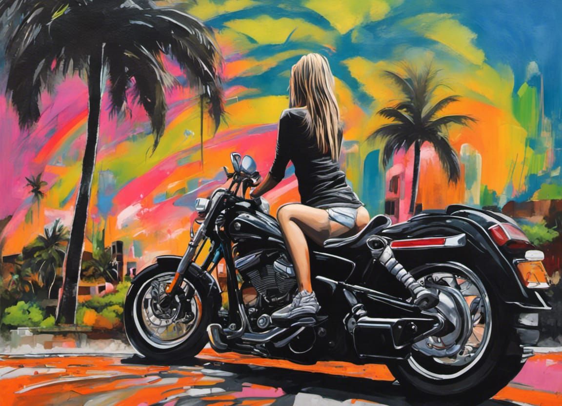Woman on Motorcycle in Graffiti Street Art