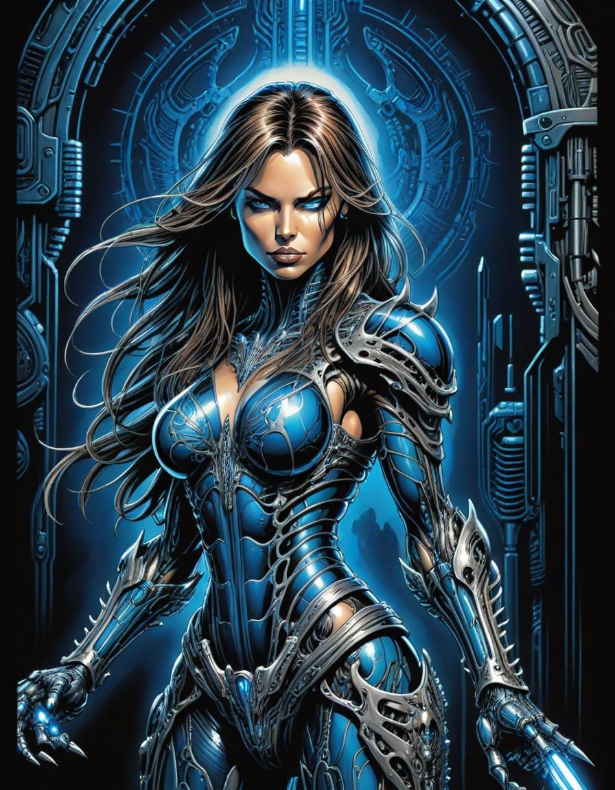 Biopunk Witchblade in Giger-esque Alcohol Ink Painting