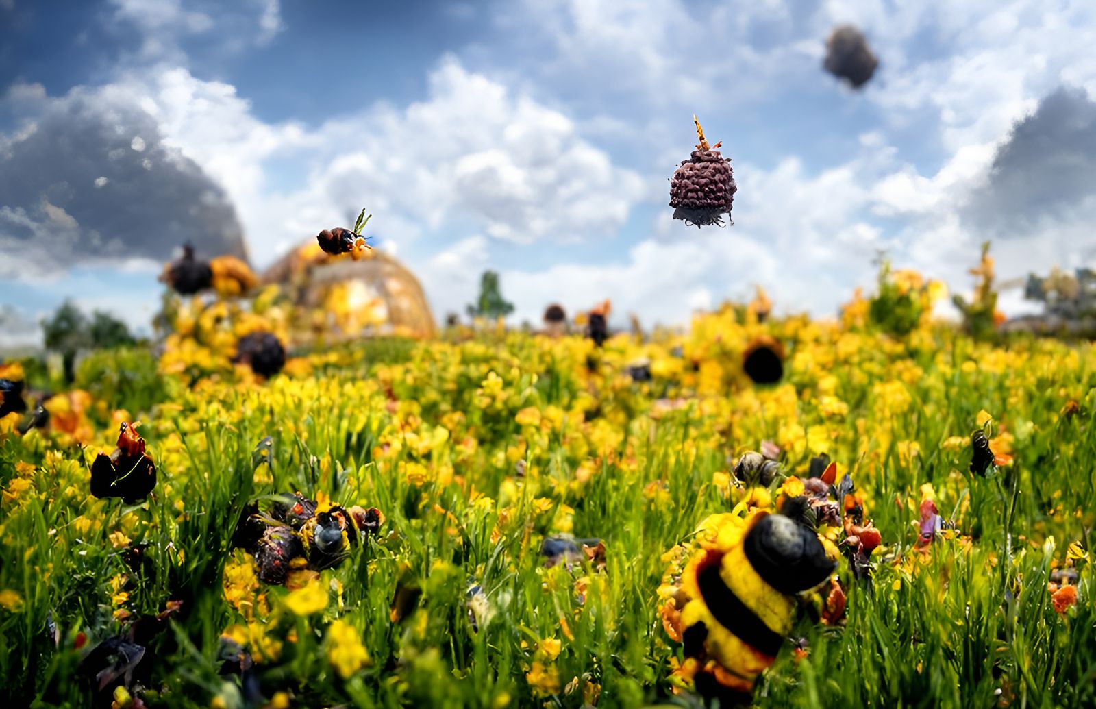 Bees and Beehive in Hyperrealistic Flower Field