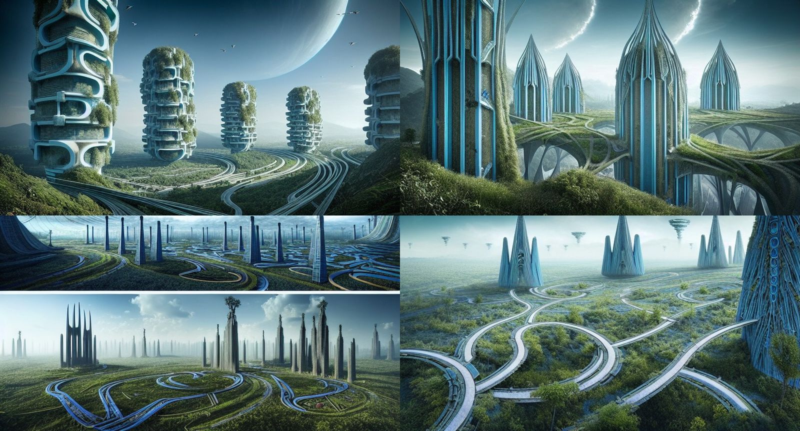 Solarpunk City with Blue Structures and Gothic Design
