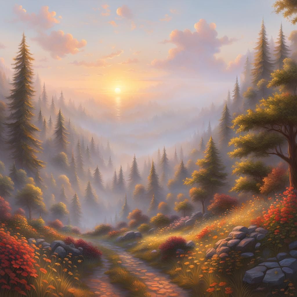 Vibrant Sunrise with Ethereal Mist, Trending on Artstation