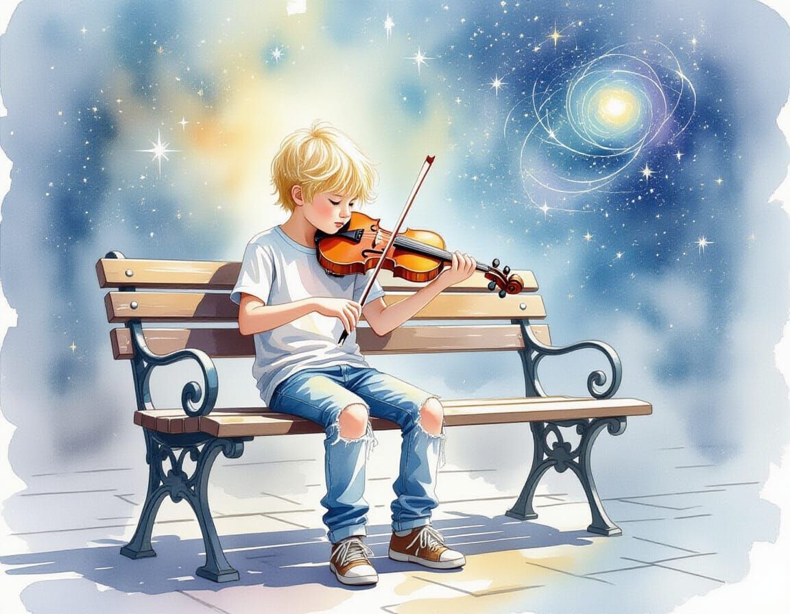 Boy Plays Violin on Street Bench in Watercolor Style