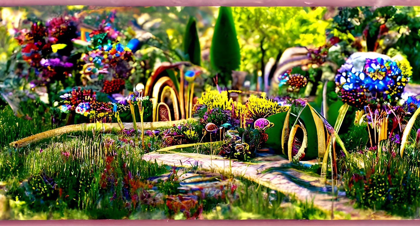 Lush Garden Path with Wildflowers in Hyperrealistic Style
