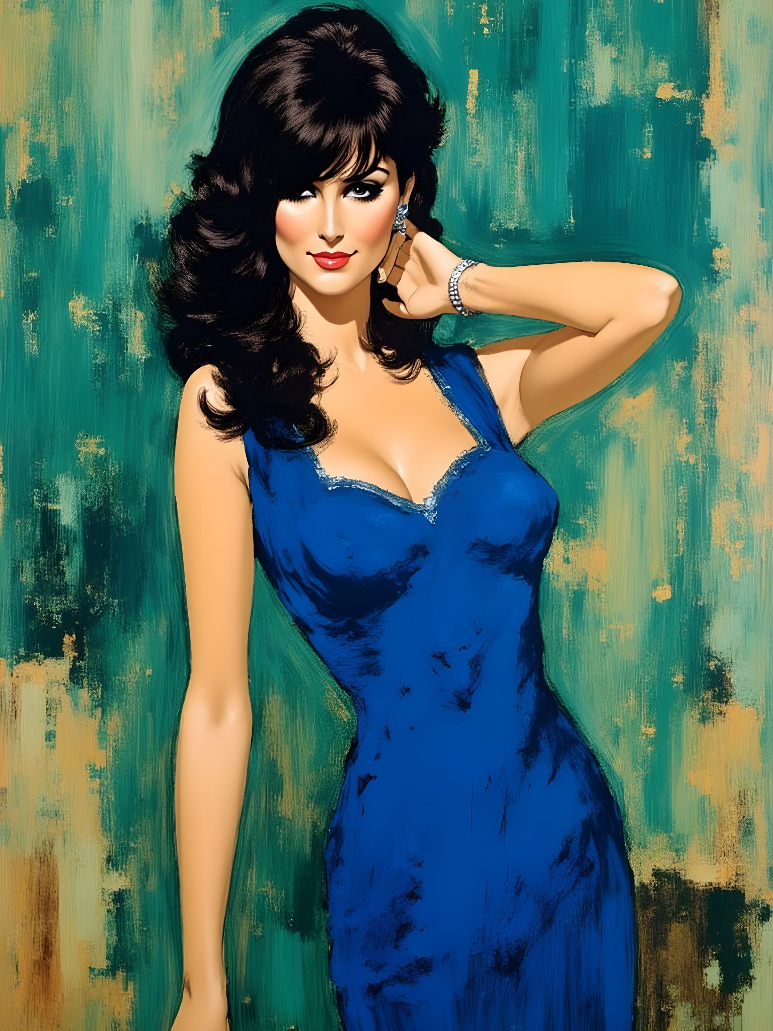 Elegant Brunette in Blue Dress as 1960s Illustration