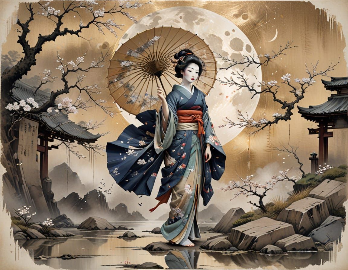 Geisha Under Broken Moon Gate