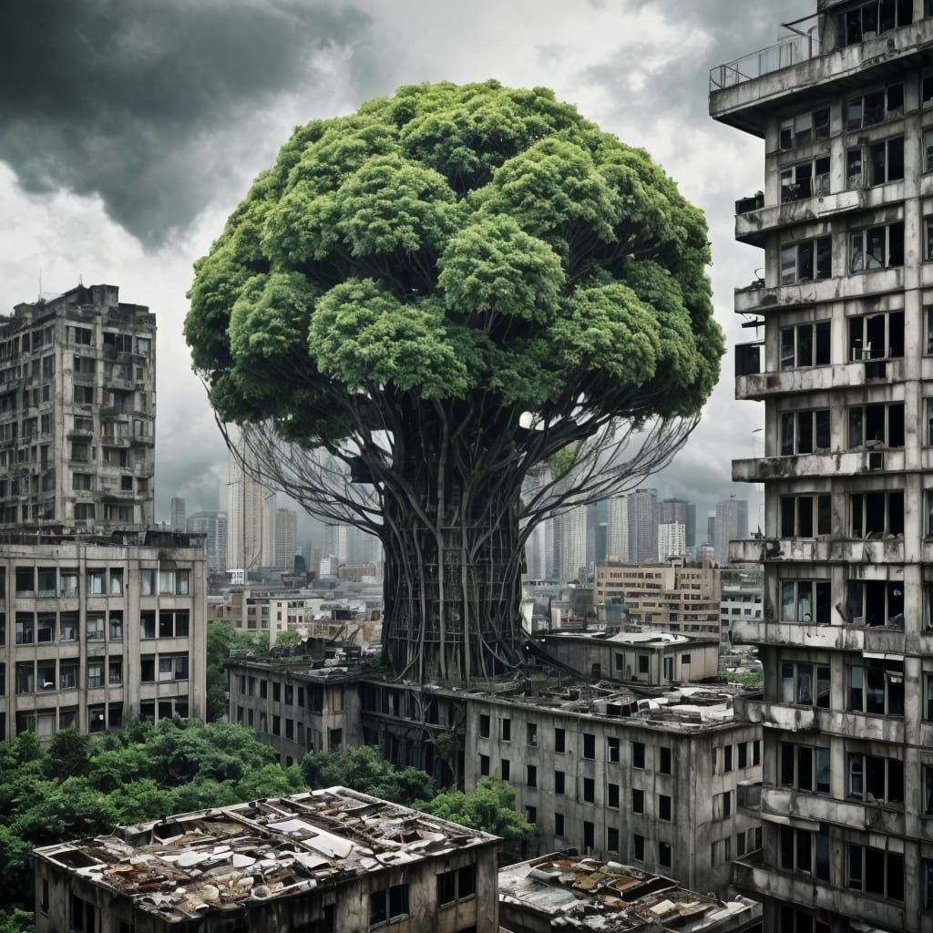 Verdant Skyscraper Dominates Dystopian Cityscape