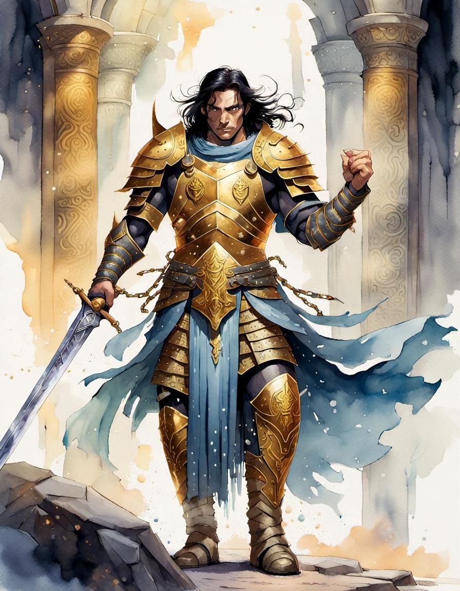 Warrior Keras Selyrian with Magic Sword, Watercolor Art